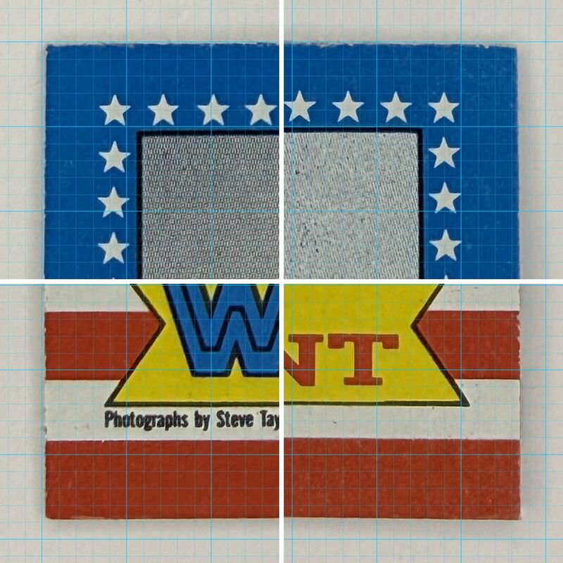 CardMagic corner close-up sheet for the 1987 Topps WWF Andre the Giant trading card: all four corners magnified on a 1 millimeter grid, laid out as they sit on the card
