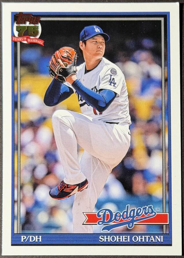 Shohei Ohtani 2026 Topps 75th Anniversary trading card in the 1991 Topps design, cropped, straightened, and color-corrected by CardMagic